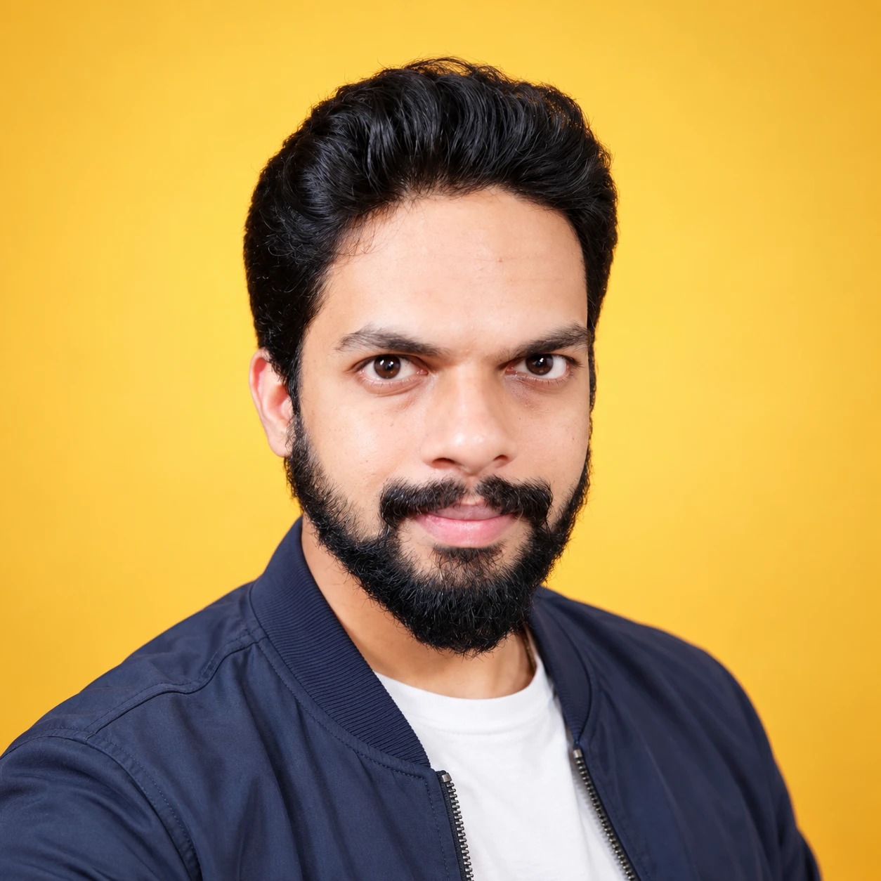 Gowtham, the creator behind Gowthamora, smiling in a navy jacket against a golden yellow background